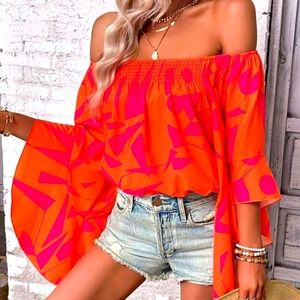 Shien lune geo print off shoulder trumpet sleeves  blouse